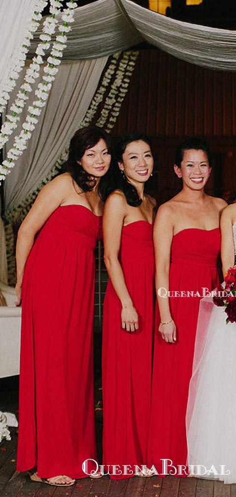 Sweetheart Charming Red Chiffon Side Slit A-line Long Cheap Bridesmaid Dresses, BDS0026