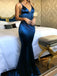 Royal Blue Long Mermaid Evening Gowns Backless V Neck Court Train Prom Dresses, QB0285