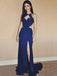 Sexy Royal Blue Long Cheap Side Slit Evening Prom Dresses, QB0477