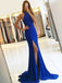 Mermaid Round Neck Split Front Royal Blue Jersey Prom Dresses Online, QB0237