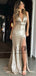 Mermaid Deep V-Neck Long Champagne Sequined Split Prom Dresses, QB0491