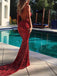 Sexy Backless Burgundy Mermaid Prom Dresses Deep V Neck Formal Dresses, QB0309
