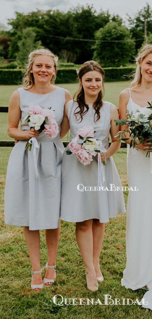 Simple Elegant Charming Bateau Sleeveless Keen-Length Short Cheap Satin Bridesmaid Dresses, QB0945
