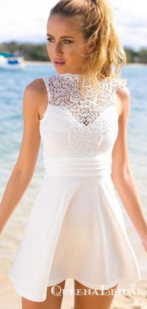 Cute White  Short Simple Cheap Open Back Homecoming Dresses With Lace Top, QB0869