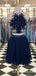 Cute Two Piece Halter Navy Blue Chiffon Short Homecoming Dresses with Embroidery, QB0861