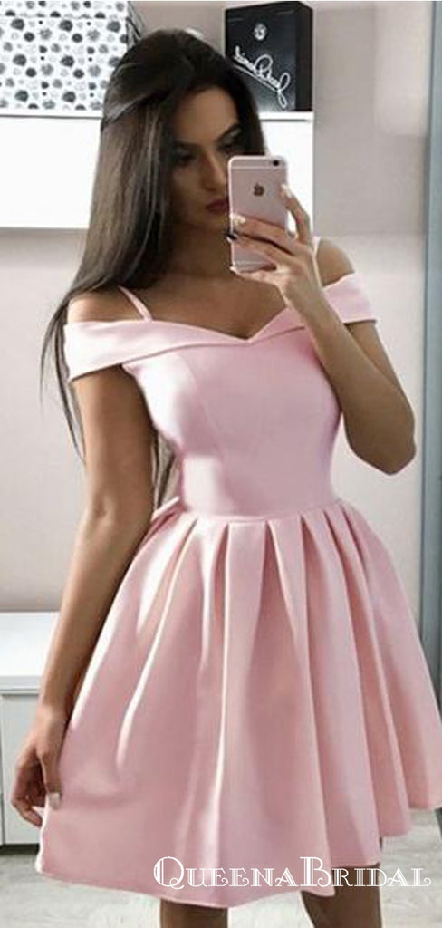 A-Line Off-the-Shoulder Above-Knee Pink Satin Homecoming Dresses, QB0838