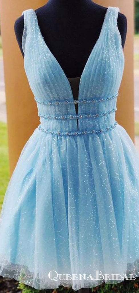 Cute A Line Deep V Neck Blue Short Homecoming Dresses With Beading, QB0894