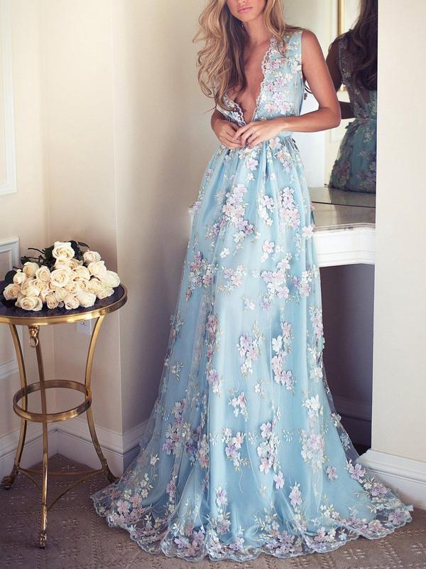 Sky Blue Floral Prom Dresses See Through Embroidery Formal Dress Evening Gowns, QB0284