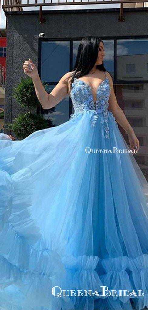 V Neck Sky Blue Spaghetti Straps Appliques Flowers Tiered Tulle A-line Long Cheap Formal Prom Dresses, PDS0042