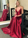 Spaghetti Strap Burgundy Prom Dresses with Pocket V-neck Evening Ball Gowns, QB0288