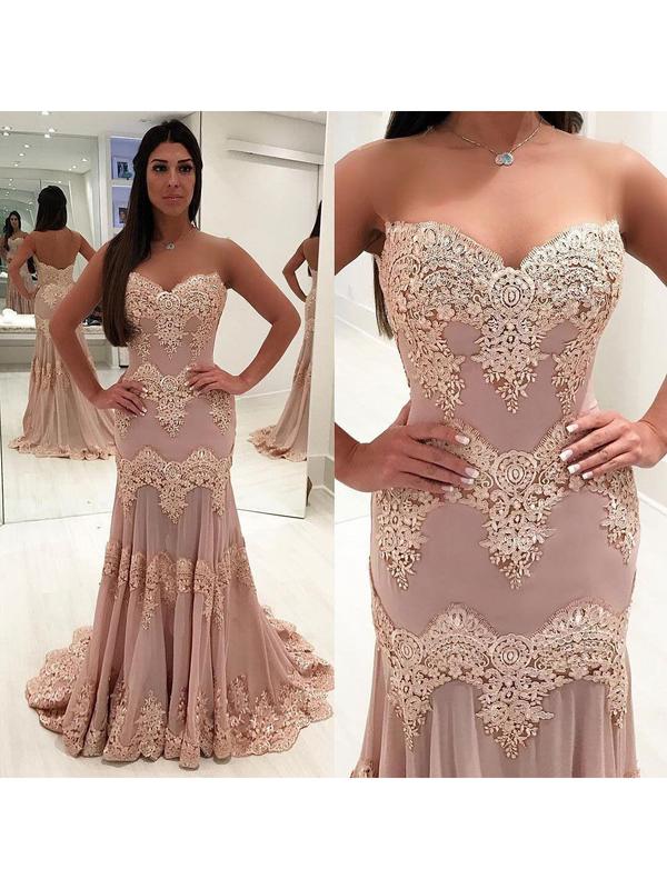 Strapless Sweetheart Neck Vintage Lace Mermaid Prom Dresses, QB0310
