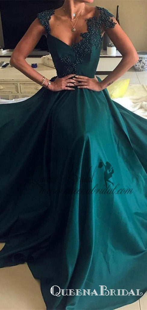 2021 Cap Sleeve Sleeves Emerald Green Evening Prom Dresses, QB0446