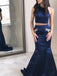 Navy Halter Two Pieces Mermaid Long Evening Prom Dresses with Little Beaded, QB0397