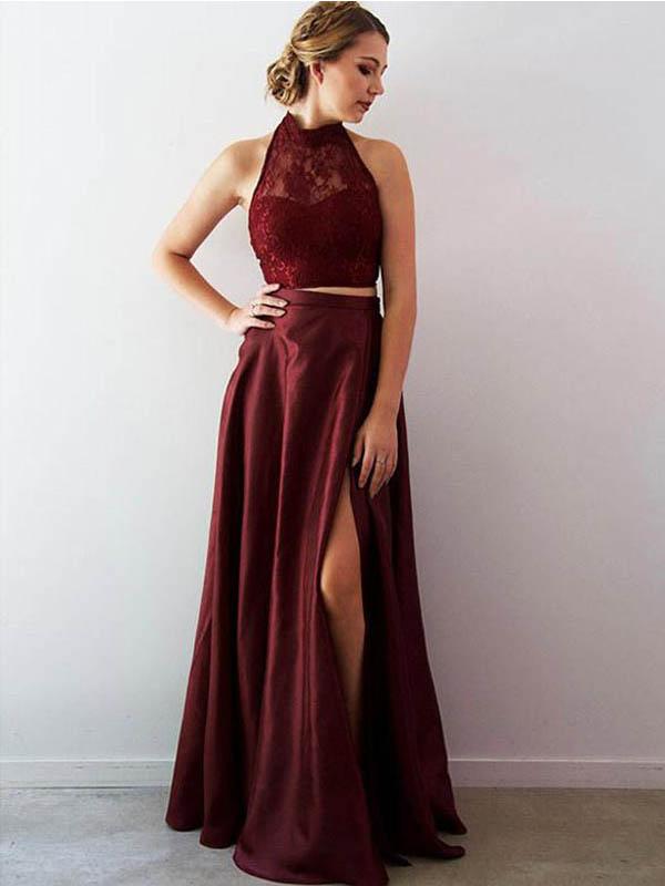 Sexy Charming Custom Two Pieces Halter Maroon Long Evening Prom Dresses, QB0373