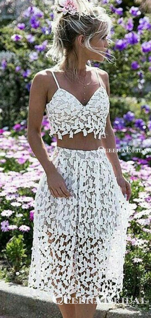 Fahsion Two Piece V-neck White Lace Short Party Homecoming Dresses, HDS0006