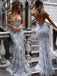 V-neck Spaghetti Strap Sexy Lace Mermaid Prom Dresses with Sequin, QB0279