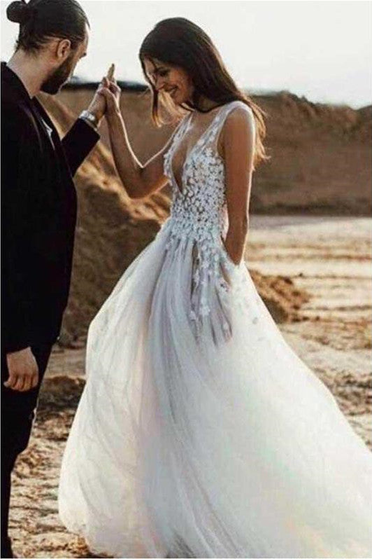 Sexy See Through Beach Wedding Dresses V Neck Bridal Dress with Slit, QB0264