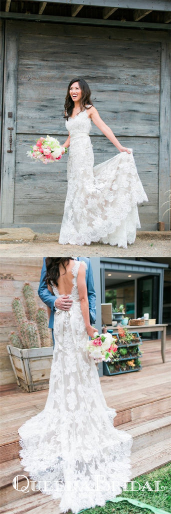 Elegant Sheath V Neck Backless White Lace Wedding Dresses with Train, QB0815