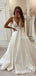 Newest Deep V-neck Sleeveless White Satin Top Lace Appliqued A-line Long Cheap Evening Prom Dresses, PDS0035