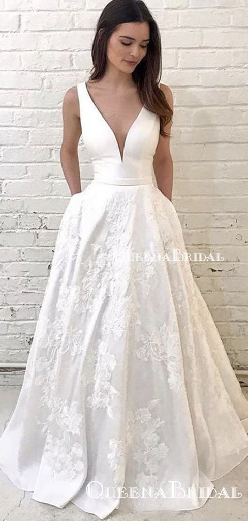 New Arrival Elegant V-neck Sleeveless White Satin Appliqued A-line Long Cheap Formal Prom Dresses, PDS0033