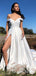 Off-The-Shoulder Simple White Satin Side Slit A-line Long Cheap Formal Evening Party Prom Dresses, PDS0039