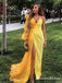 Unique Desigh One shoulder Long Sleeves Yellow Long A-line Organza Cheap Prom Dresses, QB0924