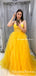 Elegant Charming Spaghetti Strap Yellow Organza A-line Long Cheap Formal Evening Party Prom Dresses, PDS0040