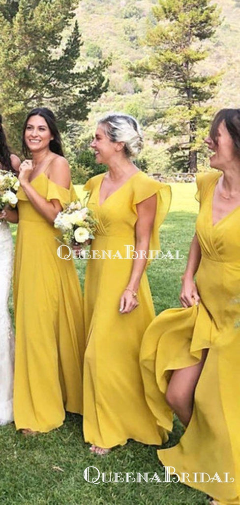 Mismatched Charming Yellow Chiffon A-line Long Cheap Bridesmaid Dresses Online, BDS0075