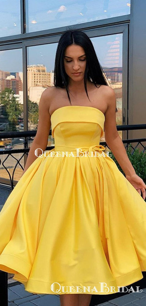 Popular Yellow Satin A-line Short Cheap Party Homecoming Dresses, HDS0027